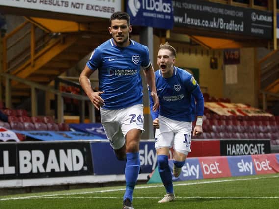 Gareth Evans of Portsmouth celebrates with Ronan Curtis of Portsmouth after scoring his side's first goal to make the score 0-1 during the Sky Bet League One match between Bradford City and Portsmouth at Valley Parade on November 3rd 2018 in Bradford, England. (Photo by Daniel Chesterton/phcimages.com)