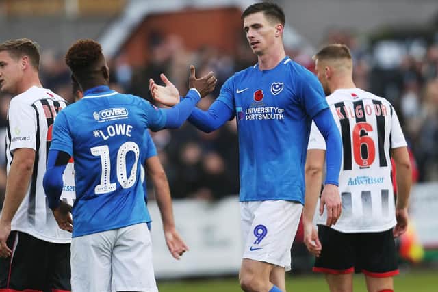 Portsmouth's Oliver Hawkins celebrates scoring his first goal of the match during the the FA Cup match between Maidenhead United and Portsmouth. Picture: Joe Pepler/Digital South.
