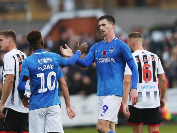 Portsmouth's Oliver Hawkins celebrates scoring his first goal of the match during the the FA Cup match between Maidenhead United and Portsmouth. Picture: Joe Pepler/Digital South.