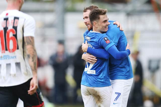 Ben Thompson celebrates scoring for Pompey. Picture: Joe Pepler