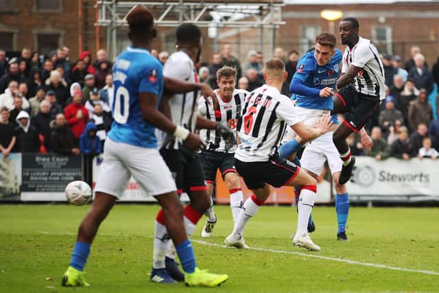 Ben Thompson opens the scoring against Maidenhead. Picture: Joe Pepler
