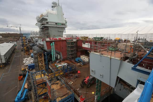 Work continues during a tour of the under-construction aircraft carrier, HMS Prince of Wales, at BAE Systems in Rosyth, Fife. Picture: Andrew Milligan/PA Wire