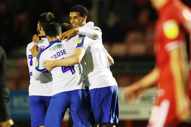 Check-a-Trade Trophy group stage - Crawley Town vs Portsmouth - 09/10/18Portsmouths Dion Donohue celebrates scoring his first goal of the match with Portsmouths Louis Dennis