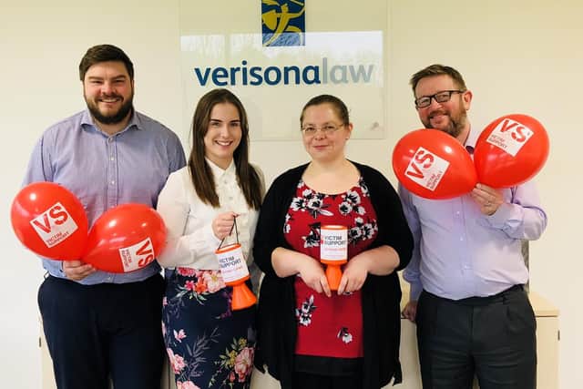 Verisona Laws Historic Abuse Team supporting colleague Charlotte Attwood in her charity skydive for Victim Support. (from left to right)
Charles Derham, Head of Historic Abuse, Charlotte Attwood, Legal Assistant and Litigation Executives Lisa Gafarov and David Hawkins