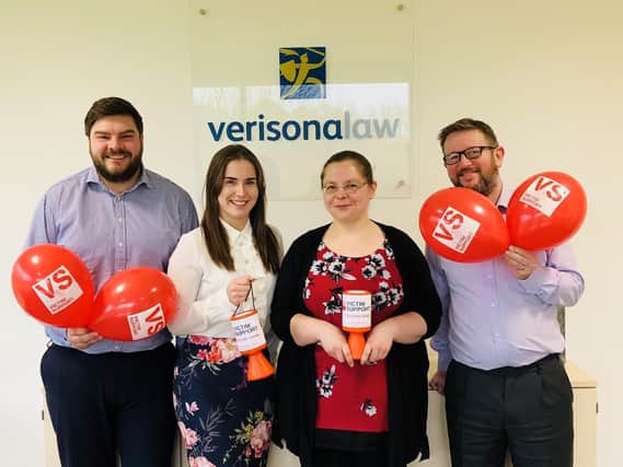 Verisona Laws Historic Abuse Team supporting colleague Charlotte Attwood in her charity skydive for Victim Support. (from left to right)
Charles Derham, Head of Historic Abuse, Charlotte Attwood, Legal Assistant and Litigation Executives Lisa Gafarov and David Hawkins