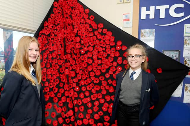 12/11/2018
Horndean Technology College held their Remembrance ceremony on Monday November 12.
Pictured is: (l-r) Jes Newman (12) and Ellie Cook (12).
Picture: Sarah Standing (180825-9791)
