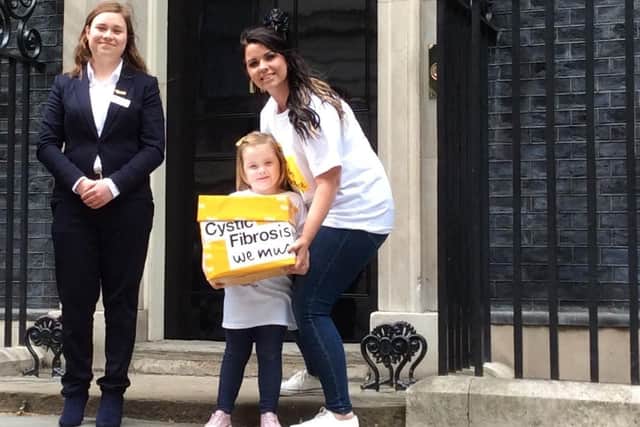 Gemma Weir and her four-year-old daughter Ivy, from Portsmouth, delivered hundreds of letters to Downing Street calling for drug Orkambi to be free