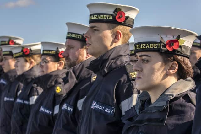 HMS Queen Elizabeth took time out of her busy F35B trials to remember the fallen with her own Remembrance Service. Picture: LPhot Jay Allen/ Royal Navy