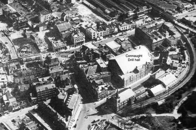 In this circa 1948 photograph you can see some of the damage done to the centre of Portsmouth during the 1941 blitz. Photograph: Southern Railway.