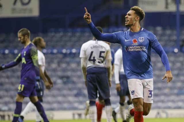 Andre Green celebrates scoring Pompey's second goal in the 3-2 win Robin Jones/Digital South.