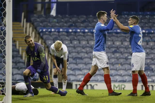 Oliver Hawkins celebrates scoring Pompey's third goal in tonight's Checkatrade Trophy win. Picture: Robin Jones/Digital South