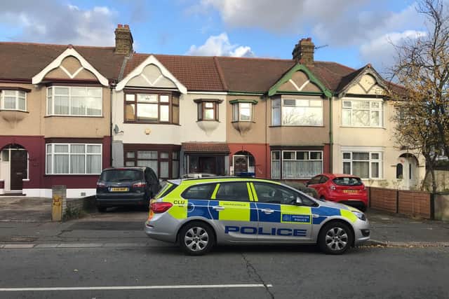 Police at a property (second left) in Applegarth Drive, Ilford, east London, where heavily pregnant Devi Unmathallegadoo, 35, was fatally shot with a crossbow. Picture:  Emma Bowden/PA Wire