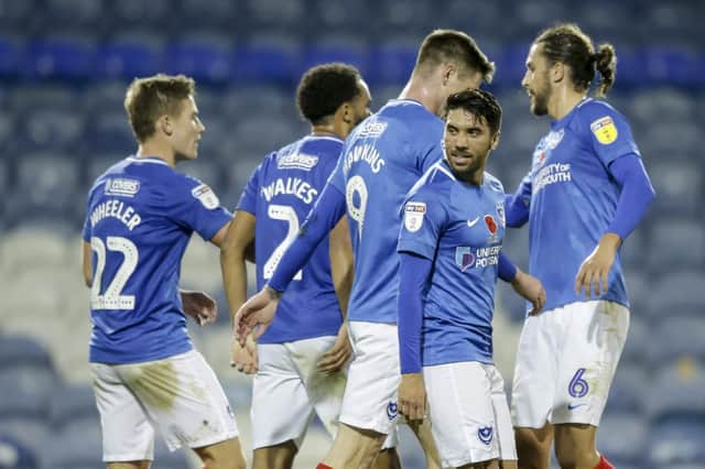 Portsmouth celebrate a goal against Tottenham Hotspur under-21s. Picture: Robin Jones/Digital South.