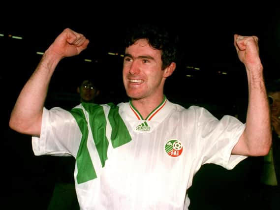 Alan McLoughlin celebrates Republic of Ireland reaching the 1994 World Cup after their 1-1 draw with Northern Ireland.
