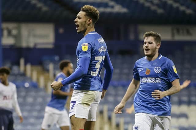 Andre Green celebrates his maiden Pompey goal. Picture: Robin Jones