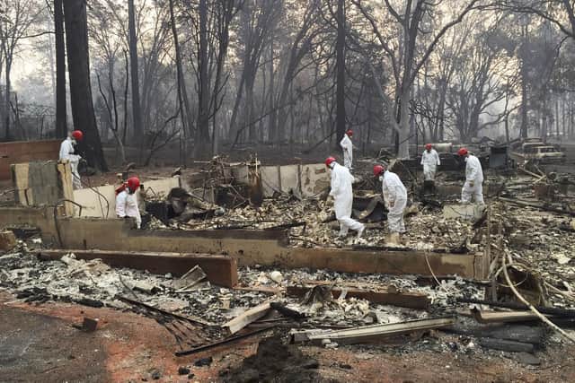 Volunteer rescue workers search for human remains in the rubble of homes burned in the Camp Fire in Paradise, Calif., Thursday, Nov. 15, 2018. Dozens of people died and perhaps several hundred are unaccounted for in the nation's deadliest wildfire in a century. (AP Photo/Terry Chea)