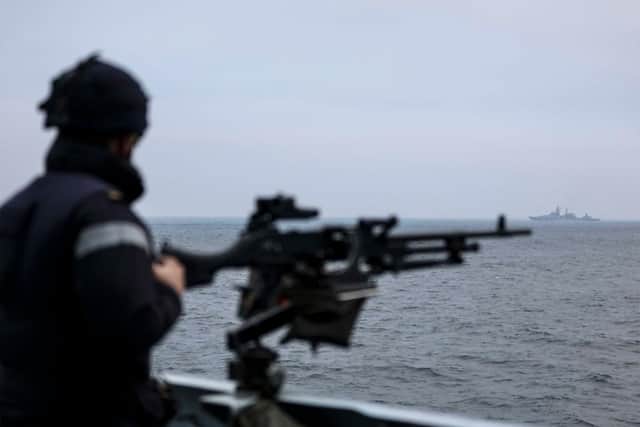 HMS St Albans has taken over the escorting of the Russian Marshall Ustinov from the French frigate FS Primaguet. Picture: LPHOT SEELEY/ Royal Navy