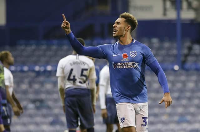 Andre Green celebrates scoring in Pompey's 3-2 win over Spurs Picture: Robin Jones/Digital South.
