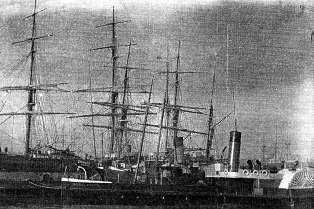 When steam met sail in Portsmouth Harbour. A crowded Portsmouth Harbour with PS Albert Edward in the foreground and PS Heather Bell behind her. The ship and barque are unknown.