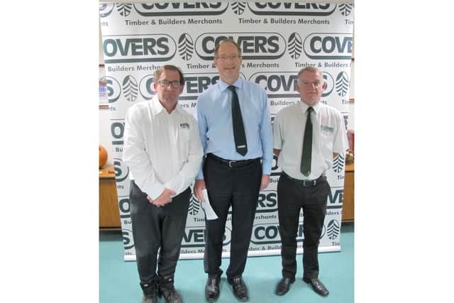 Two employees at Covers have celebrated 70 years combined service
Simon Willers and Colin Taylor have served 40 years and 30 years respectively at the timber and builders merchant on Quarry Lane. They were each presented with a gift for their loyalty and commitment by Covers chairman, Rupert Green.
From left, Simon Willers Rupert Green and Colin Taylor
Submitted November 2018