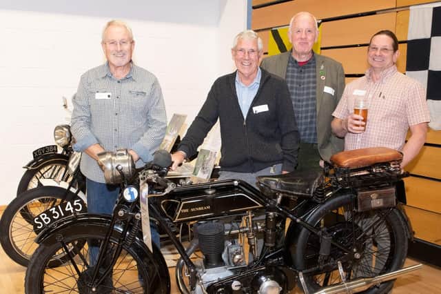 Dave Cox, Rob Doney, Bob Peet and Male Read with the 1928 Sunbeam 500cc Long Stroke owned by Rob Doney since 2017. Picture Credit: Keith Woodland