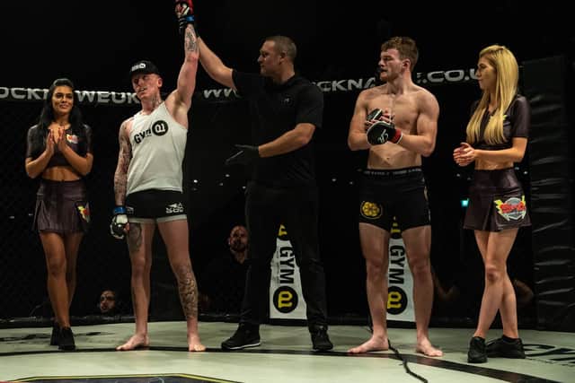 Kye Stevens celebrates his Shock N Awe 28 win. Picture: Vernon Nash