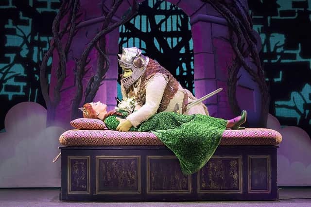Laura Main as Princess Fiona with Steffan Harri as Shrek in Shrek: The Musical. Picture by Helen Maybanks