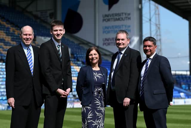 From left, Portsmouth owner and chairman Michael Eisner, student union president James Thompson, the university's chief operating officer Bernie Topham, vice-chancellor of the University of Portsmouth prof Graham Galbraith and the football club's chief executive Mark Catlin at the announcement that the university will be Pompey's shirt sponsor.