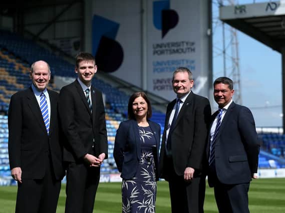 From left, Portsmouth owner and chairman Michael Eisner, student union president James Thompson, the university's chief operating officer Bernie Topham, vice-chancellor of the University of Portsmouth prof Graham Galbraith and the football club's chief executive Mark Catlin at the announcement that the university will be Pompey's shirt sponsor.