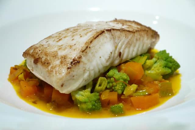 Halibut with Romanesco and clementine sauce