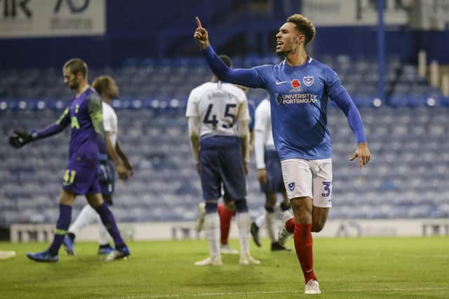 Andre Green of Portsmouth celebrates after he scores to make it 1-1 during the the Checkatrade Trophy match between Portsmouth and Tottenham Hotspur u21 at Fratton Park, Portsmouth, England on 13 November 2018. Photo by Robin Jones/Digital South.
