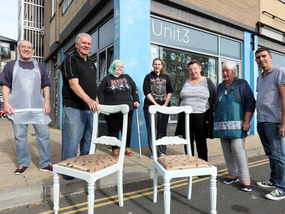 From left, Vince Wymss, Barry Haines, Scarlett Hart, Abbey Lancaster, Yvonne Fornalski, Jenny Francis and Paul Robinson and the Junk to Funk workshop, Fareham