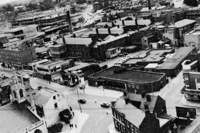 The centre of Portsmouth showing the old Royal Hospital gates and the Tricorn centre car park