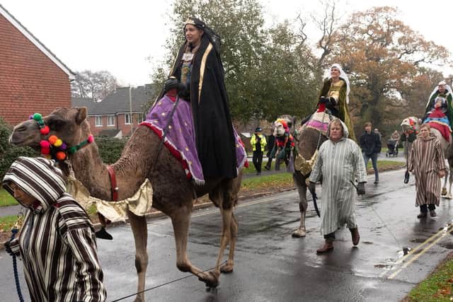 The camels and their riders Nicky Parker, Lisa Dunning and Lisa Moore set off. Picture: Keith Woodland