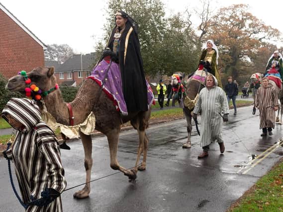 The camels and their riders Nicky Parker, Lisa Dunning and Lisa Moore set off. Picture: Keith Woodland