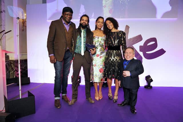 Comedian Stephen K Amos with siblings Marvin Fray, Bethany Foley, Marcia Holmes and actor Warwick Davis at the Stroke Associations Life After Stroke Awards.