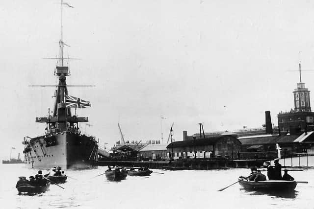HMS Indomitable arrives with the Prince of Wales 1908. Picture: Barry Cox Collection.