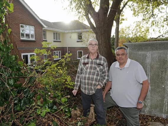 Residents of Beaumont Close in Fareham, Stephen O'Dwyer (right), and Kevin Turner who are concerned at the state of a row of trees which are situated between their properties and a care home. Picture Ian Hargreaves  (181104-1_trees)