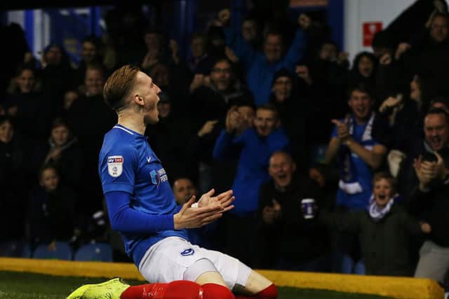 Ronan Curtis celebrates his goal against Walsall. Picture: Joe Pepler