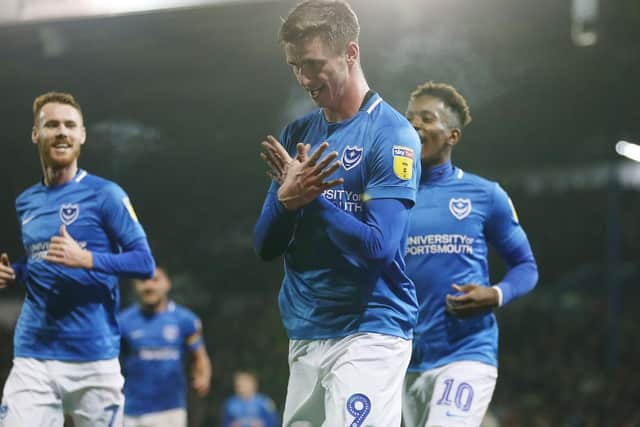 Oli Hawkins celebrates his seventh of the season - making him Pompey's joint-top scorer. Picture: Joe Pepler