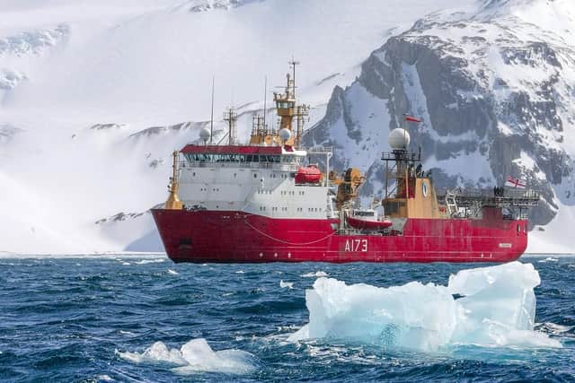 Pictured here is HMS Protector off the coast of Elephant Island, Antarctica.