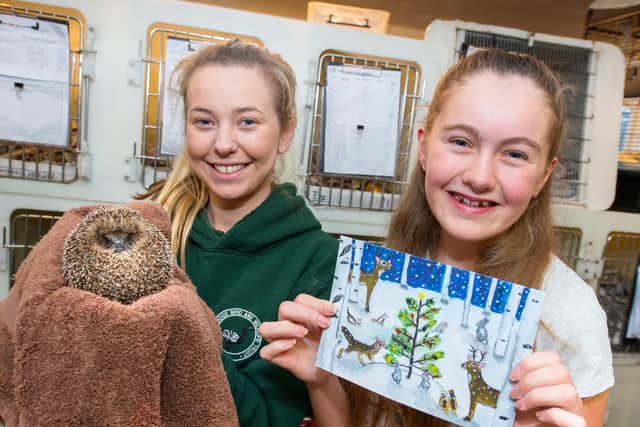 Anniemae Leason fromBrent Lodge Wildlife Hospital with Christmas card competition winner Nicole Pook, 14