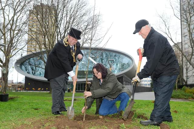 The Lord Mayor of Portsmouth Lee Mason, Helen Bergin, Portsmouth City Council landscape architect and Dennis David, tree warden and lead volunteer. 

Picture: Sarah Standing (180855-2650)