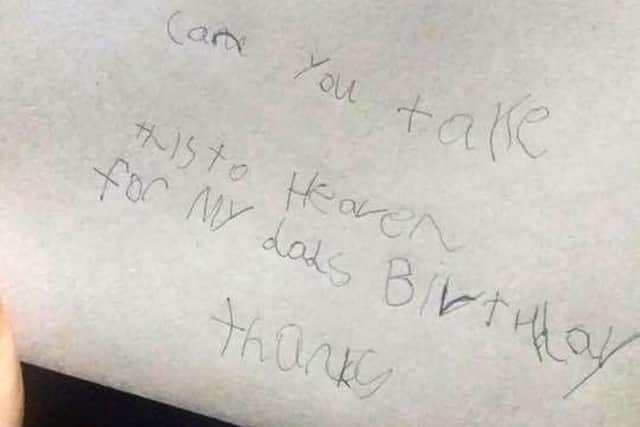 Jase Hyndman's birthday card for his dad 'in heaven'. Picture: Teri Copland/PA Wire