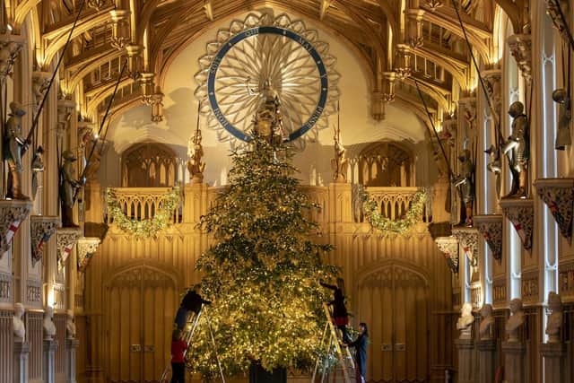 20ft Norman fir Christmas tree in St George's Hall at Windsor Castle, Berkshire, which is being decorated for Christmas. Picture: Steve Parsons/PA Wire