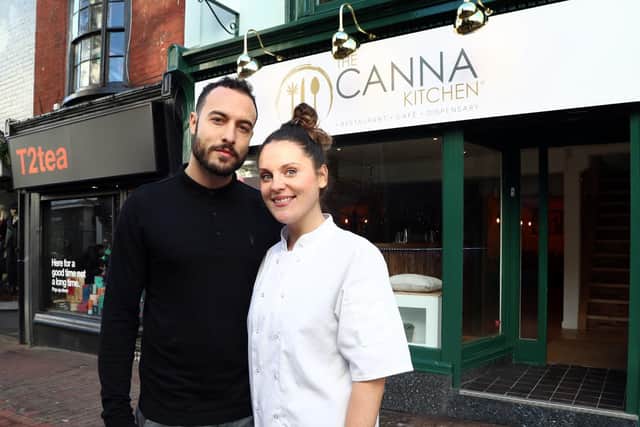 Sam Evolution, founder, and Charlotte Kjaer, head chef, outside The Canna Kitchen in Brighton. Picture: Gareth Fuller/PA Wire