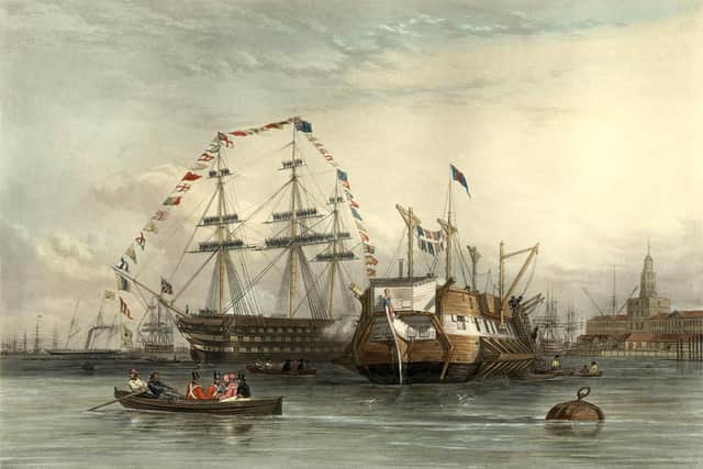 HMS Victory Saluting Her Majesty, 1851. Climbing the rigging, as seen here, was an important rite of passage for young sailors and had its traditions attached, as Peter Simple discovered when he tried to assemble his uniform in Peter Simple by Captain Frederick Marryat, 1834. 'Mr Purser's Steward,' said I, 'let me have a cocked-hat and a dirk immediately.' 'Very good sir,' replied he, and he wrote an order upon a slip of paper, which he handed to me. 'There is the order for it, sir; but the cocked-hats are kept in the chest up in the main-top, and as for the dirk, you must apply to the butcher who has them under his charge...'