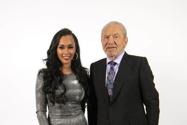 The winner of the latest series of the BBC programme The Apprentice, Sian Gabbidon, celebrates with Lord Sugar