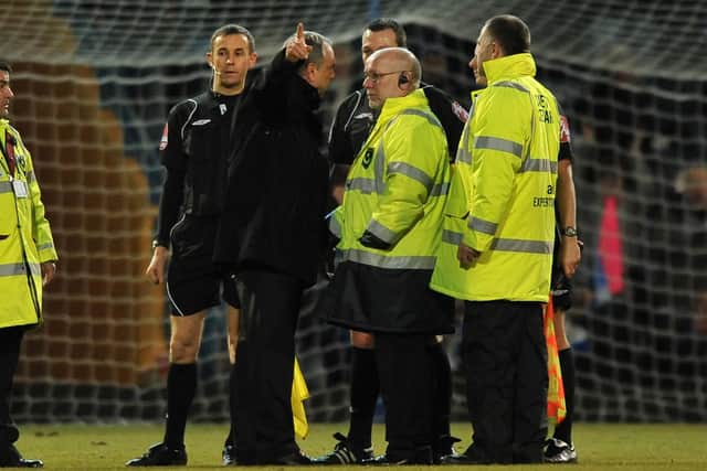 Avram Grant confronts referee Kevin Friend in the last meeting between Pompey and Sunderland in 2010. Picture: Steve Reid