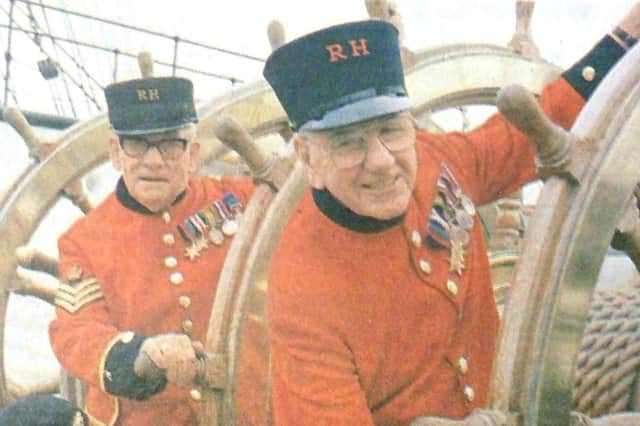 Chelsea pensioners Sid Fuller (front) and Bud Flanagan on HMS Warrior.